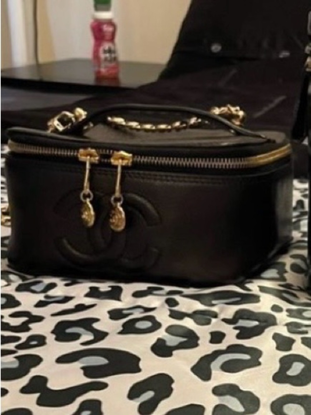 Authentic CHANEL Black Quilted Vanity Case with Gold Hardware
